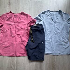 FIGS Scrub Bundle 3: Pink & Light Blue Tops & Navy Scrub Pants